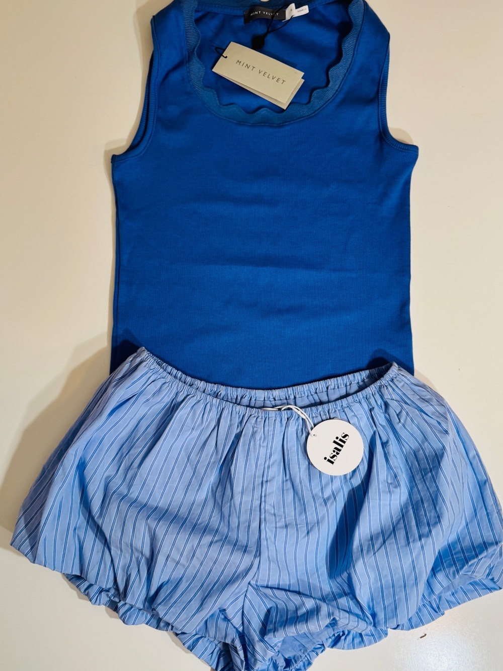 Royal Blue Sleeveless Ruffle Top with  Blue Striped Bubble Shorts